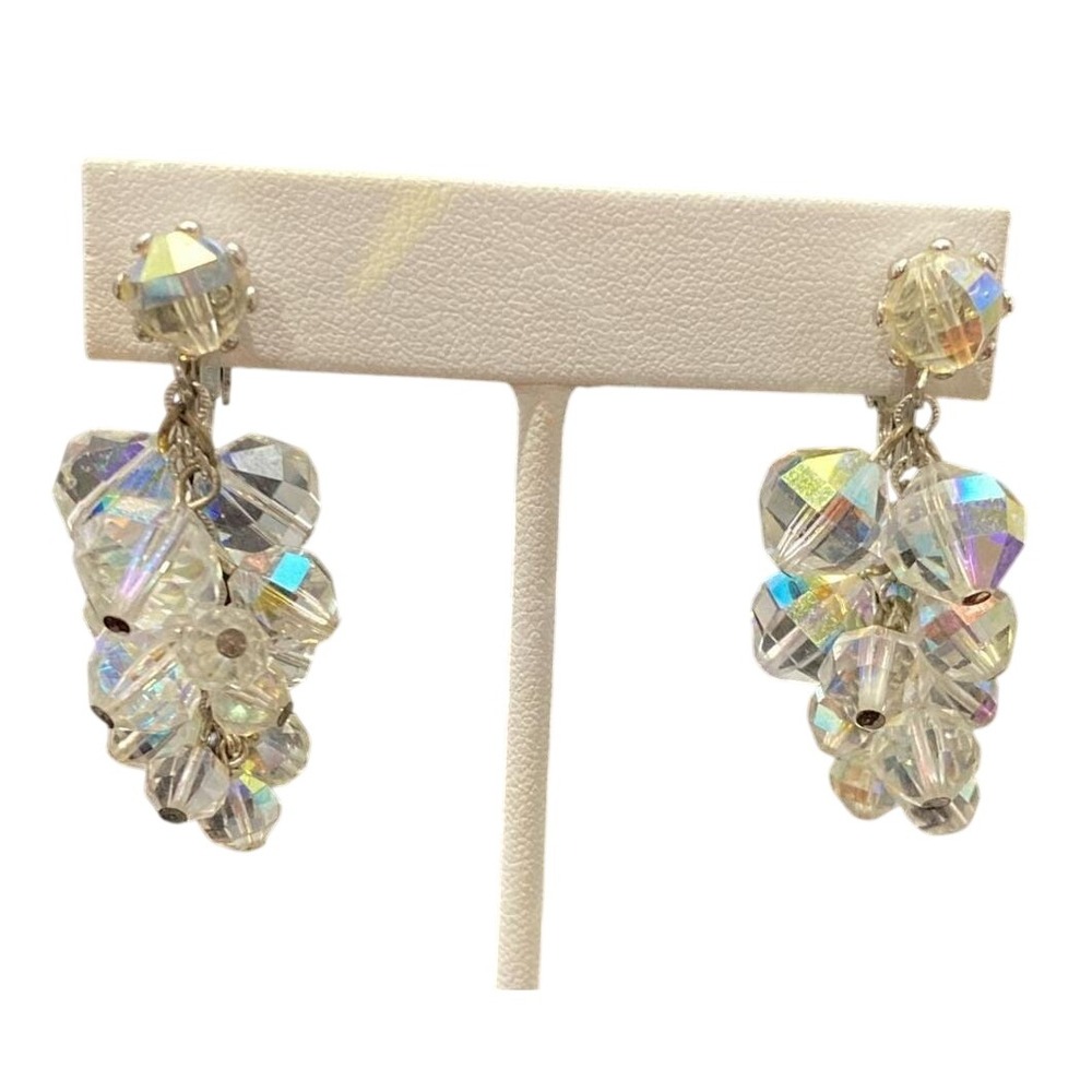 Vintage LAGUNA Signed AB Clear Bead Dangle Drop Clip-on Earrings 1.5'' Retro‎
